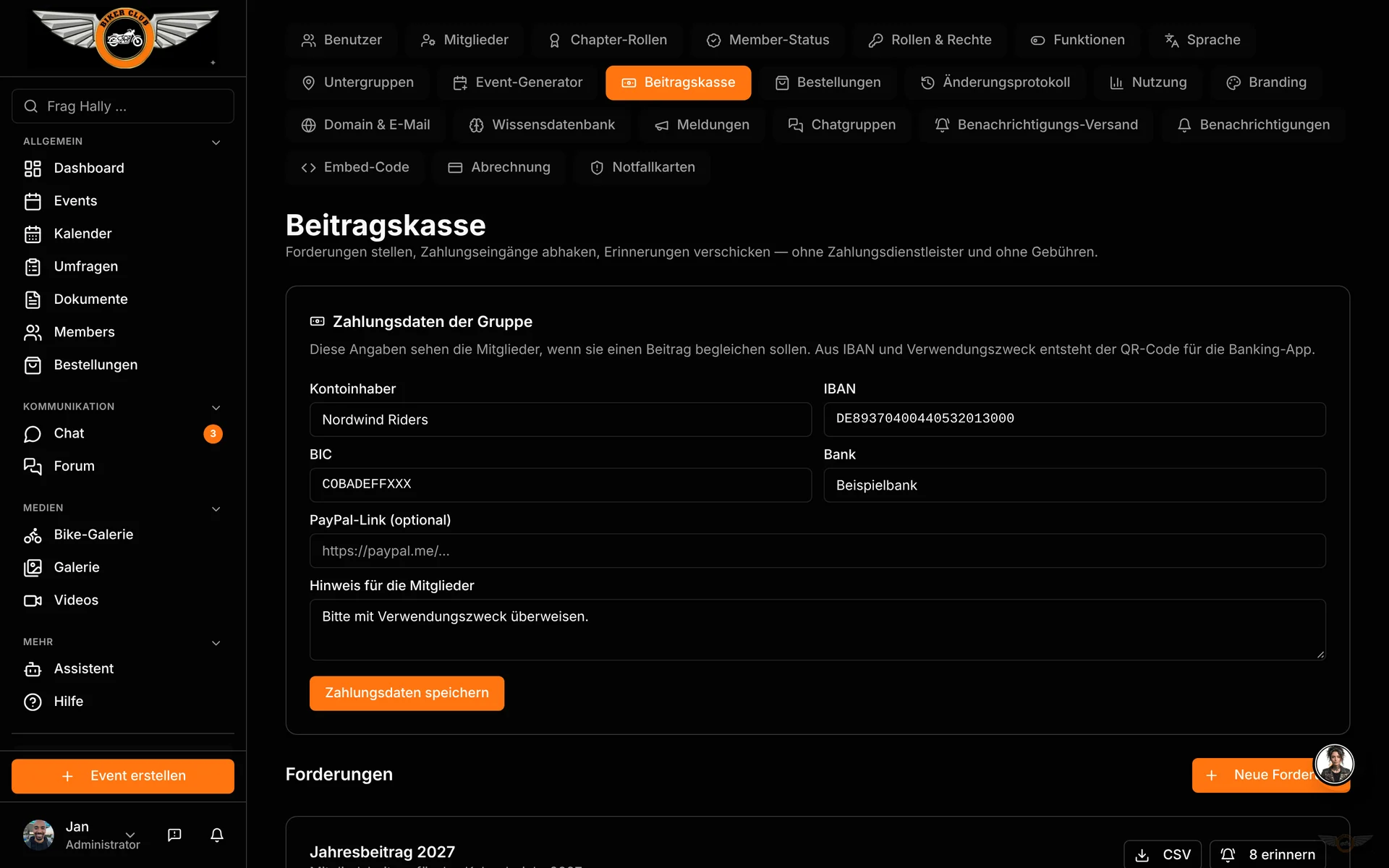 Beitragskasse & Bestellungen