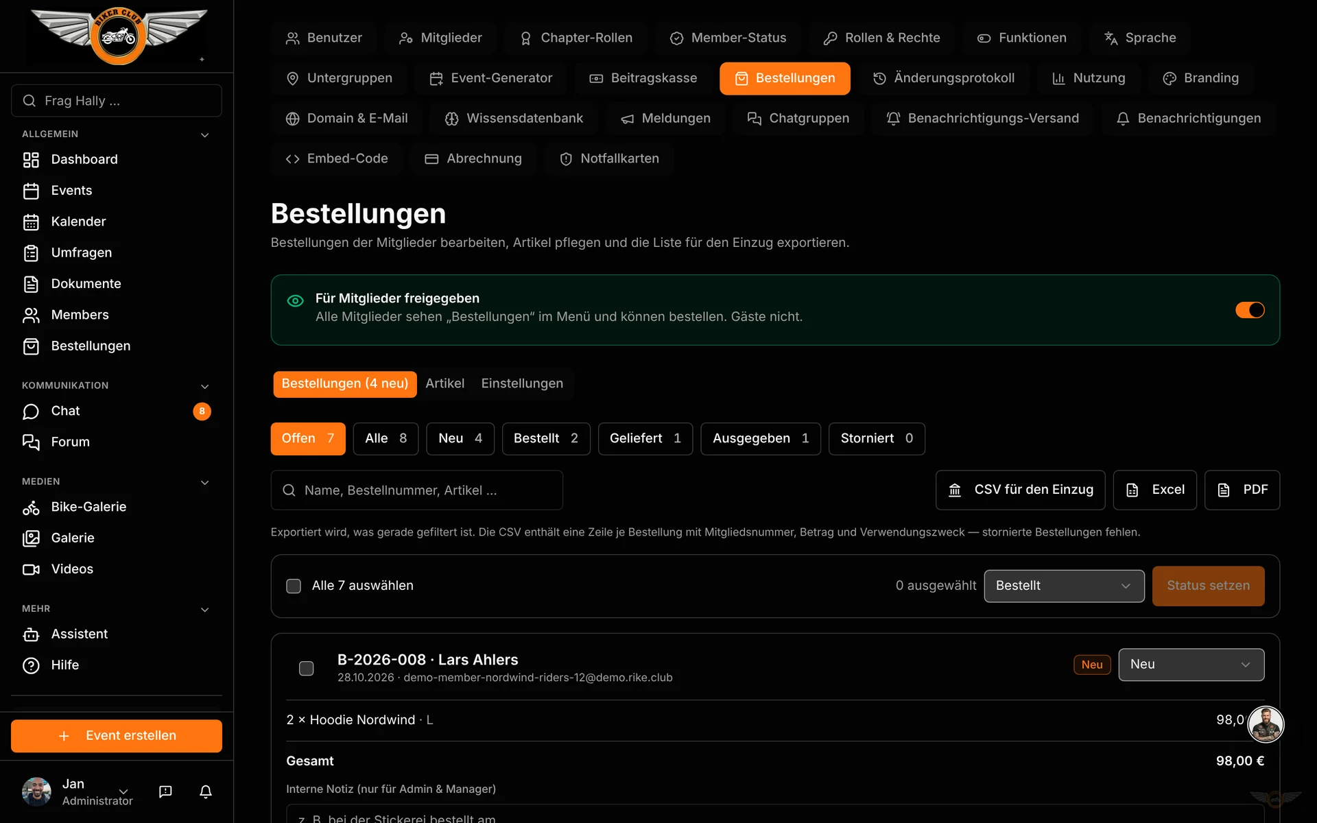 Bestellungen & Mitglieder-Export