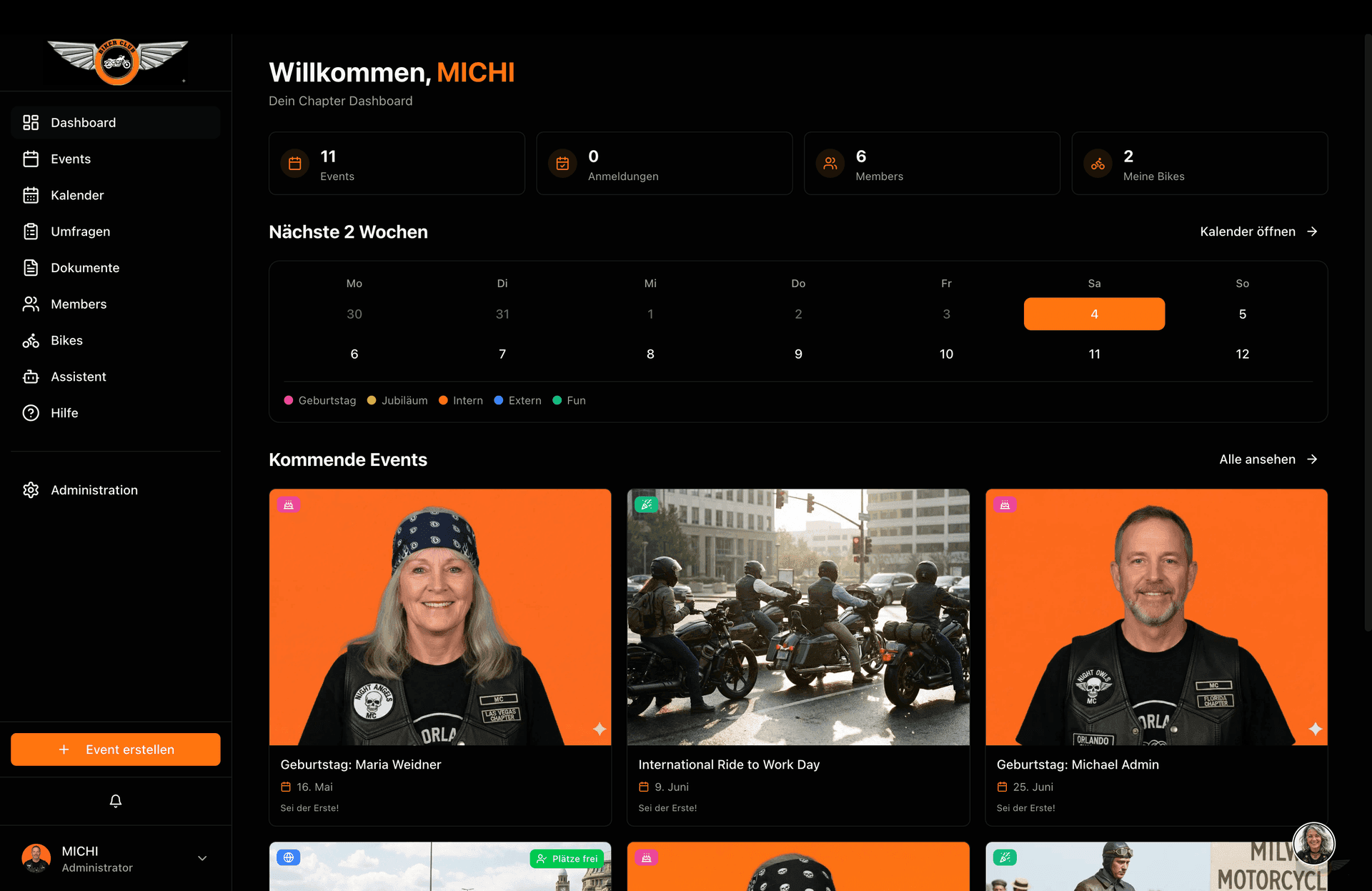 Aperçu du dashboard - vue centrale avec slider d'événements et statistiques