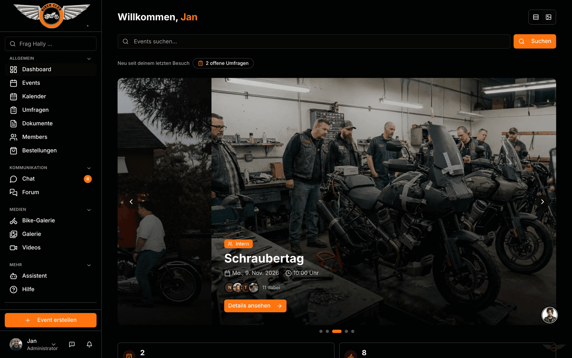 RIKE Dashboard -- Zentrale Übersicht mit Event-Slider und Statistiken