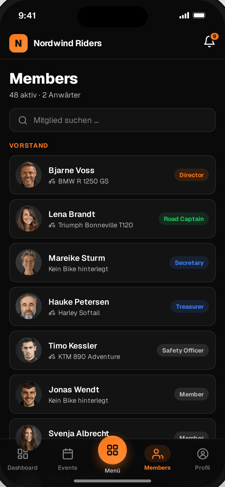 Profils & contacts dans l'application mobile RIKE
