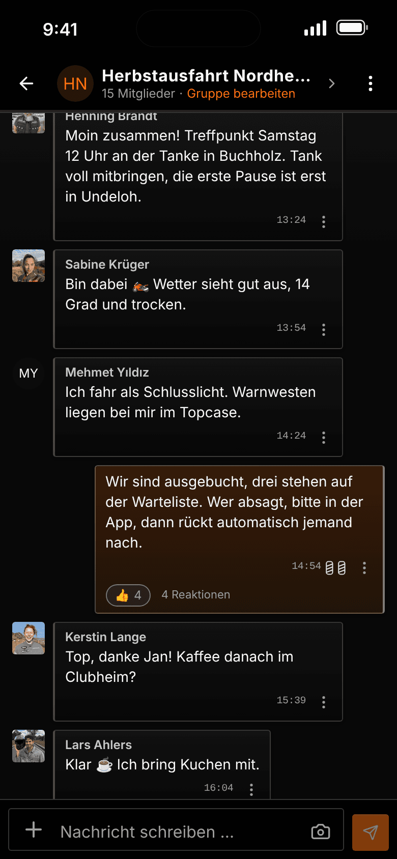 RIKE Chat auf dem iPhone: Gruppenchat zur Herbstausfahrt